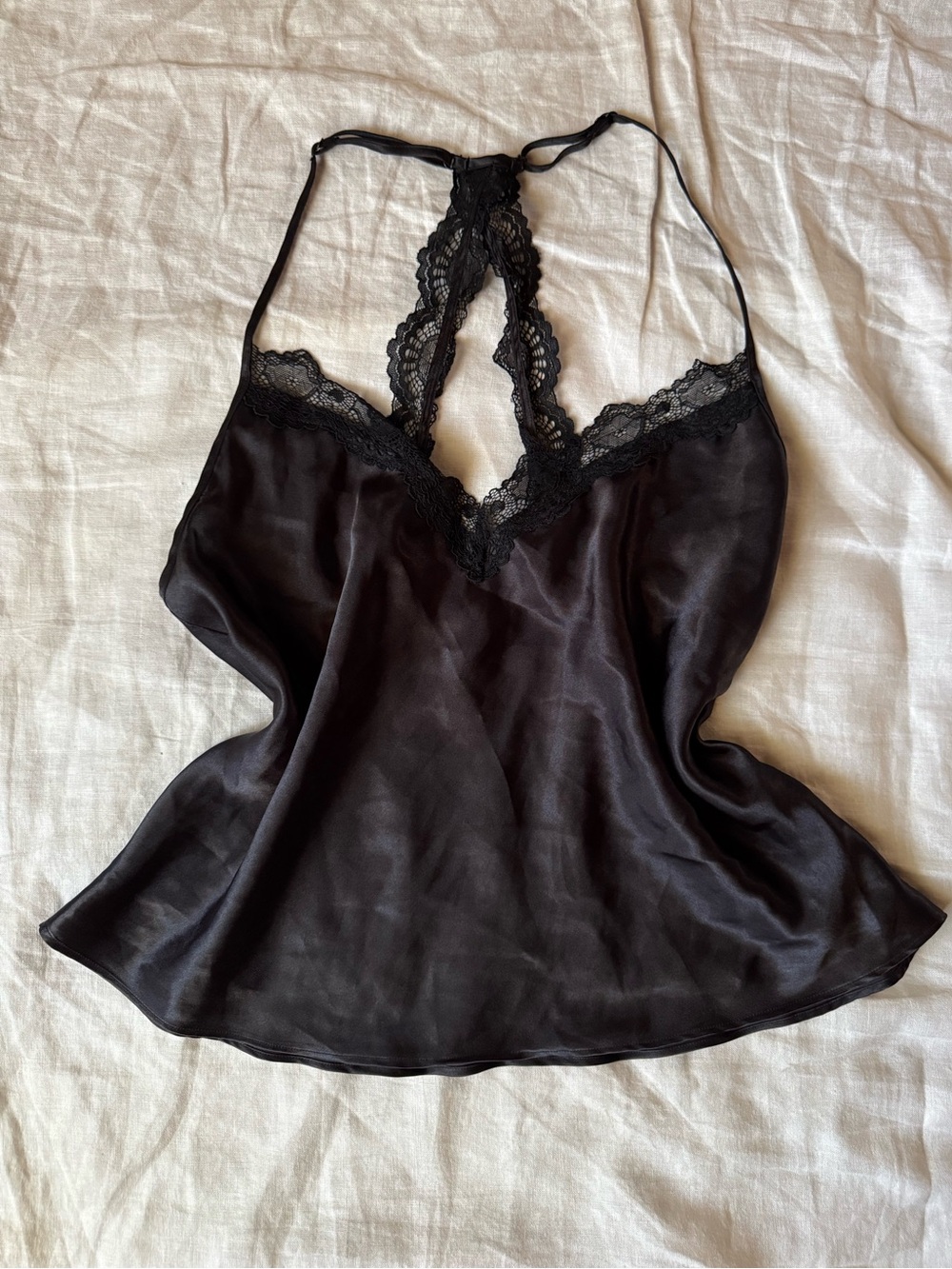 Vintage Black Lace-Trim Satin Top